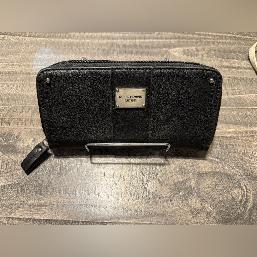 Relic Black Zip-Around Wallet with gold hardware
